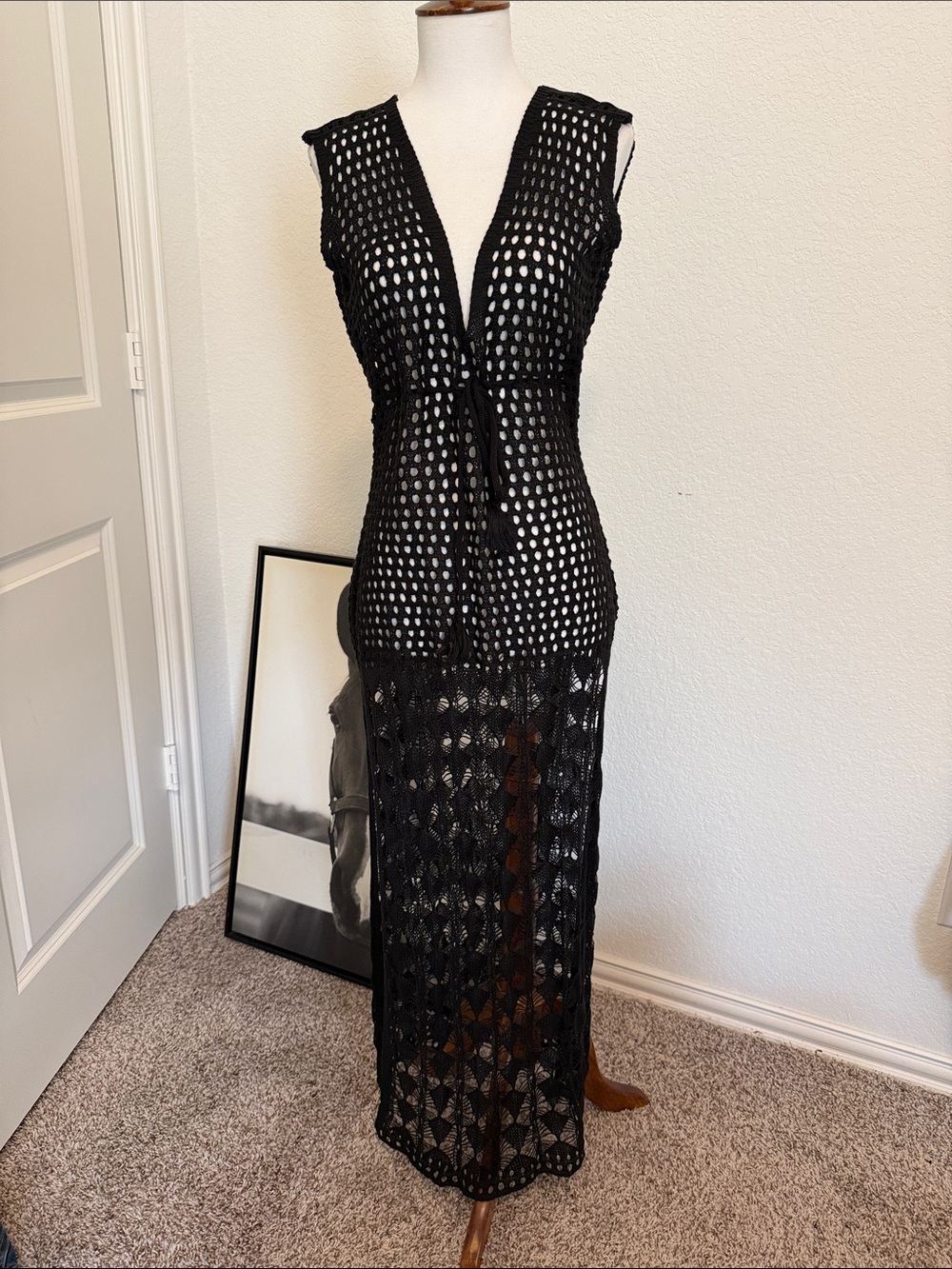 VENUS Black Crochet Maxi Swim Coverup
